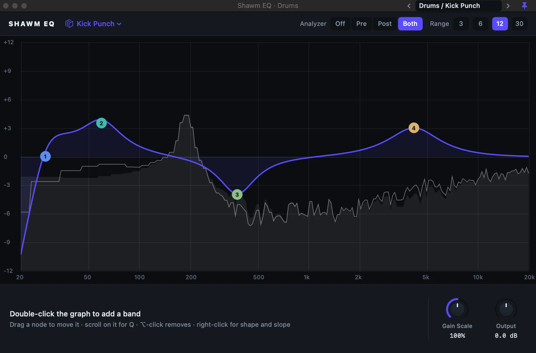 Shawm EQ's curve with four bands over the live spectrum