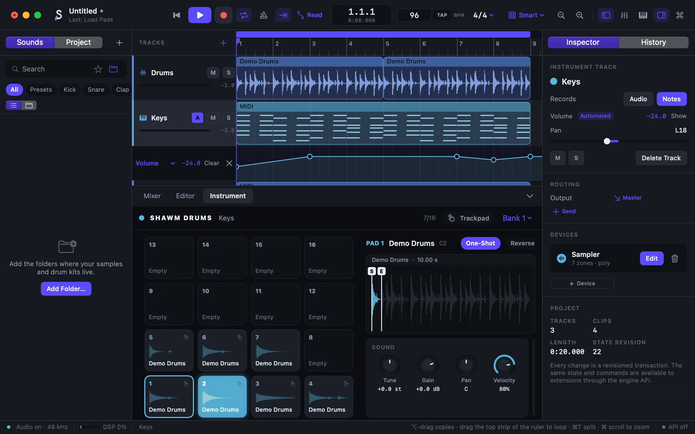 Shawm Drums: a grid of sixteen pads and the selected pad's waveform and sound