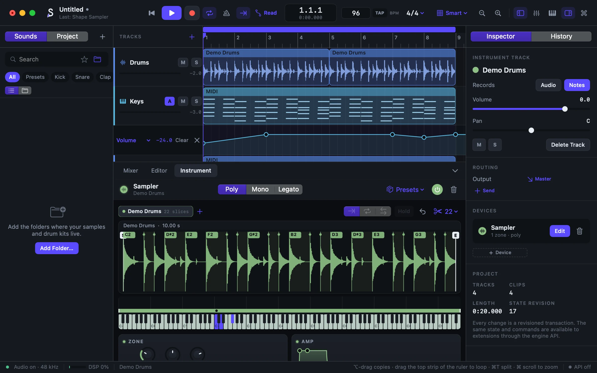 The sampler with a drum loop sliced at its hits